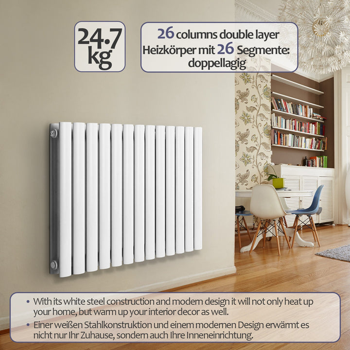 Aquamarine® Design Radiatorer - Vandret, Dobbeltlag, 26 Segmenter, 600x886x69 mm, Centralvarme, Hvid