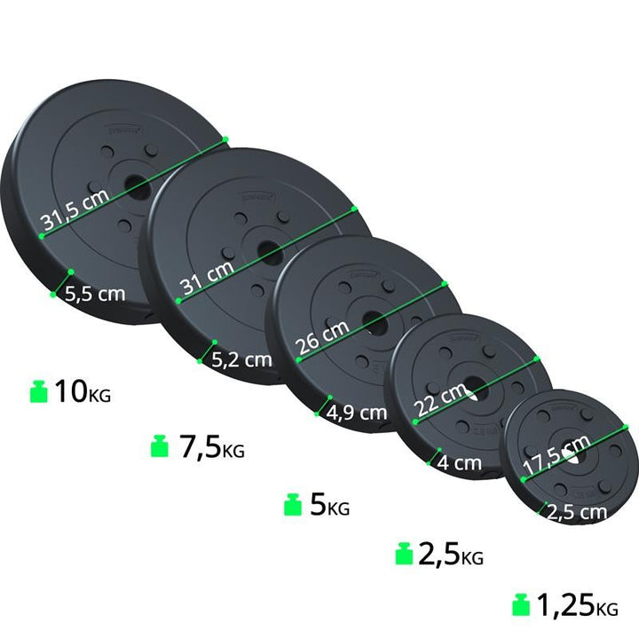 Vægtsæt - 20 kg Vægte (2x5kg/4x2,5kg), 30mm, 3-delt stang 140cm, plastik, krom, fjederlås