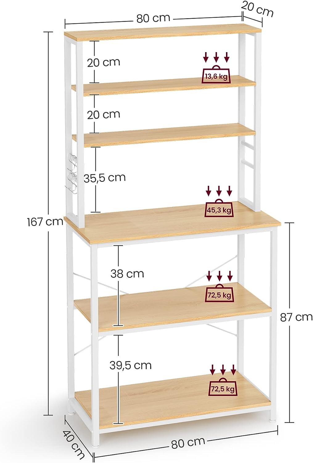 Køkkenreol med 6 hylder, Industrielt Design, 40 x 80 x 167 cm, Hvid