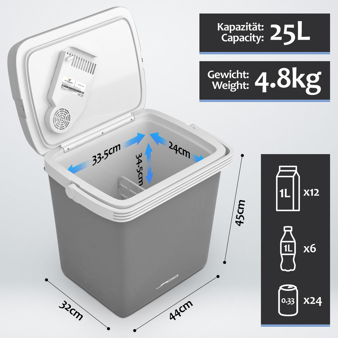 Køleboks, 25L, med håndtag, 12/220 V, bil og stikkontakt, køle- og varmefunktion, antracit