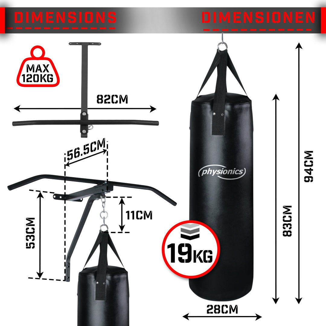 Boksesæk med pull-up stang, 28x83 cm, 19 kg, vandret stang: (B) 82 cm lavet af stål, maks. bæreevne 120 kg