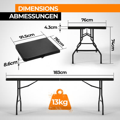 Klapbord - 183 cm langt, til 8 personer, foldbart, bærbart, 150 kg, sort