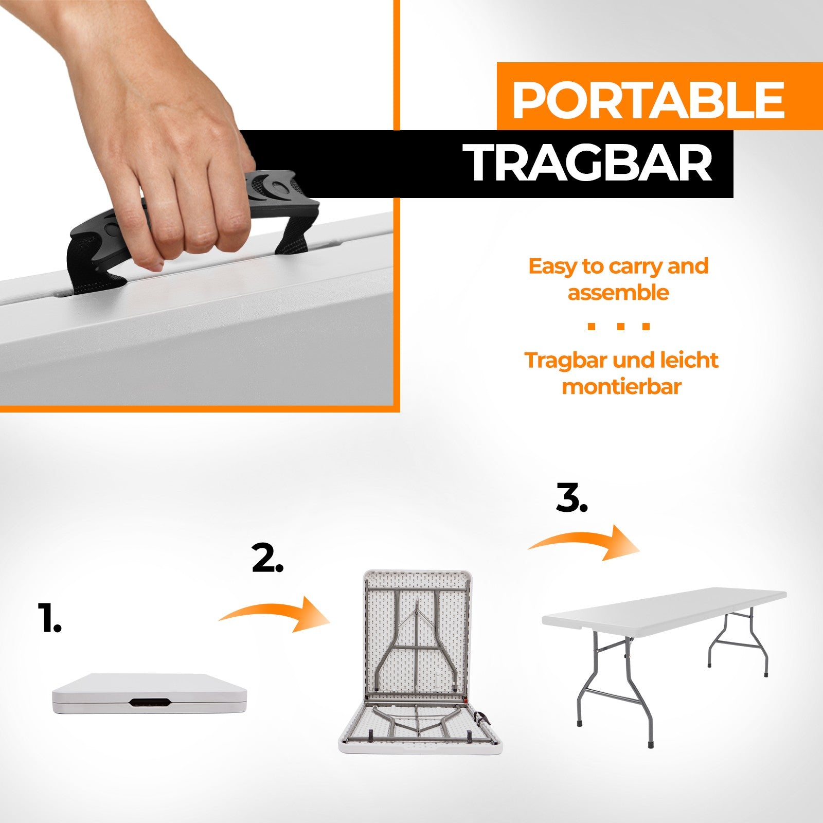 Klapbord - 183 cm langt, til 8 personer, foldbart, bærbart, op til 150 kg, hvid