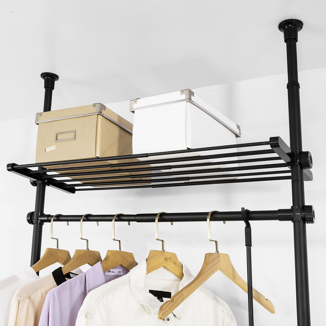 Walk-in closet modular garderobe med teleskopstænger, sort