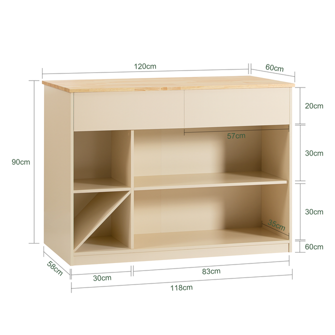 Køkkenø i MDF og træ, 120 x 60 x 90 cm, beige