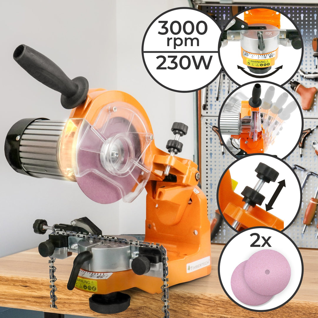 Savkædesliber - 230 W, 3000 rpm, med skala, inkl. 2 slibeskiver
