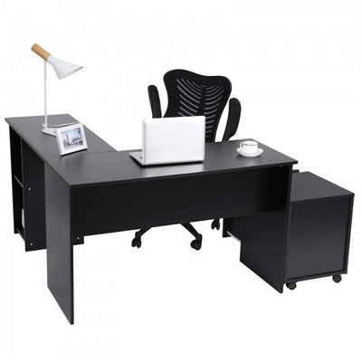 Hjørneskrivebord, L-formet computerskrivebord med glidende tastaturbakke, stort kontordisk med 2 hylder - Lammeuld.dk
