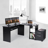 Hjørneskrivebord, L-formet computerskrivebord med glidende tastaturbakke, stort kontordisk med 2 hylder - Lammeuld.dk