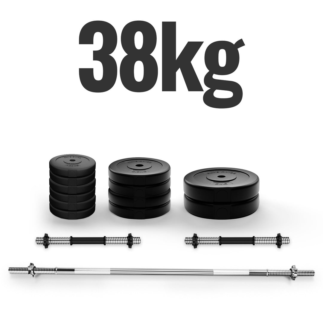 Håndvægtsæt - 38 kg sæt, vægtstang (165 cm, Ø30 mm, stjernelåse, op til 500 kg), 2 håndvægte (1,5 kg, justerbar)