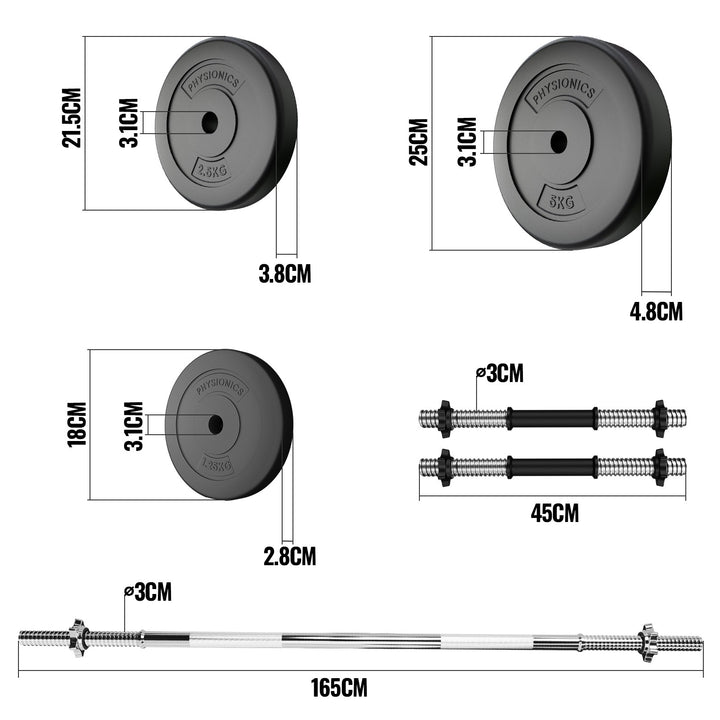 Håndvægtsæt - 38 kg sæt, vægtstang (165 cm, Ø30 mm, stjernelåse, op til 500 kg), 2 håndvægte (1,5 kg, justerbar)