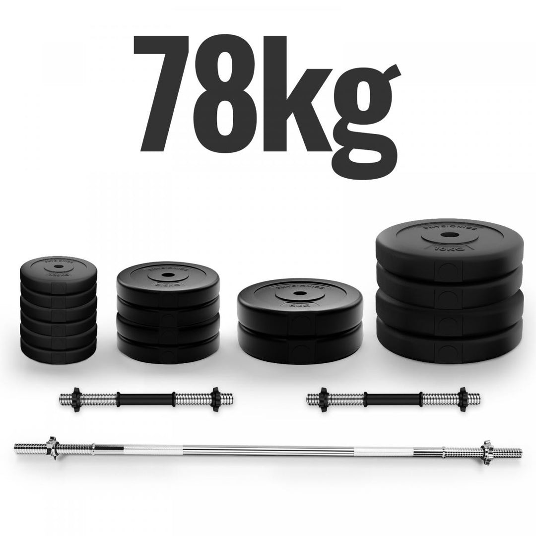 Håndvægtsæt - 78 kg sæt, vægtstang (165 cm, Ø30 mm, stjernelåse, op til 500 kg), 2 håndvægte (1,5 kg, justerbar)