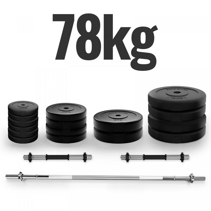 Håndvægtsæt - 78 kg sæt, vægtstang (165 cm, Ø30 mm, stjernelåse, op til 500 kg), 2 håndvægte (1,5 kg, justerbar)
