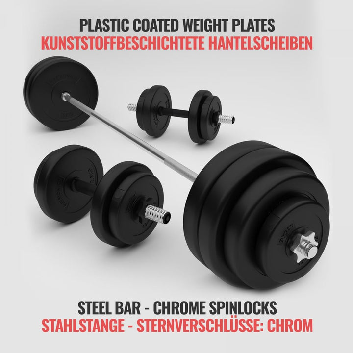 Håndvægtsæt - 78 kg sæt, vægtstang (165 cm, Ø30 mm, stjernelåse, op til 500 kg), 2 håndvægte (1,5 kg, justerbar)