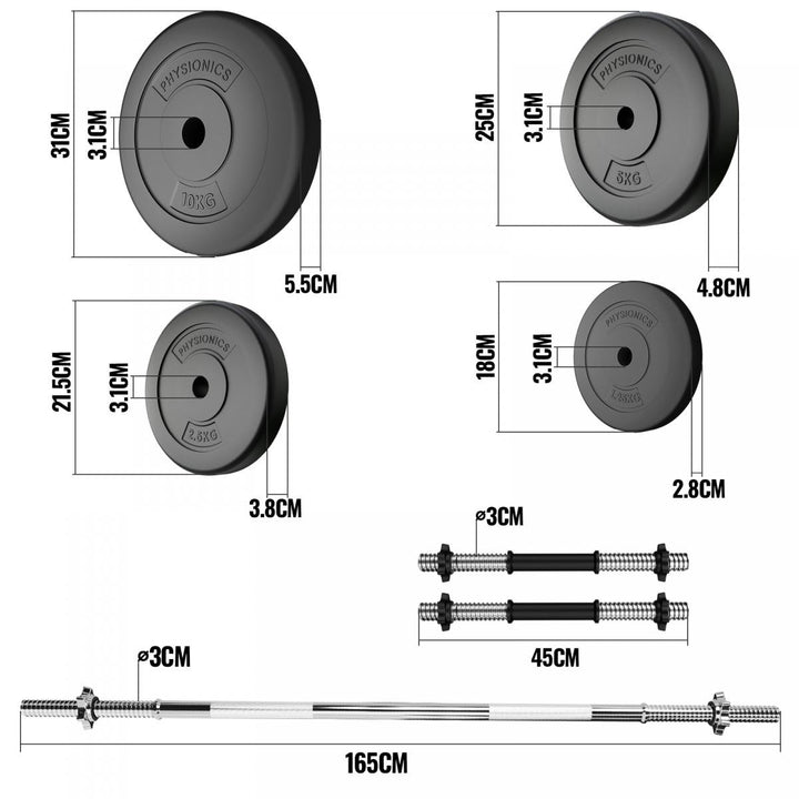 Håndvægtsæt - 78 kg sæt, vægtstang (165 cm, Ø30 mm, stjernelåse, op til 500 kg), 2 håndvægte (1,5 kg, justerbar)