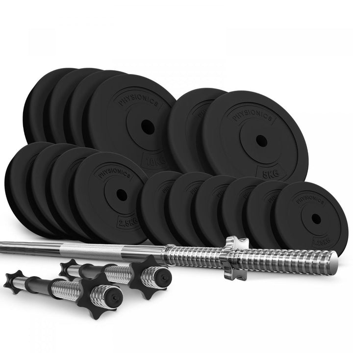 Håndvægtsæt - 78 kg sæt, vægtstang (165 cm, Ø30 mm, stjernelåse, op til 500 kg), 2 håndvægte (1,5 kg, justerbar)