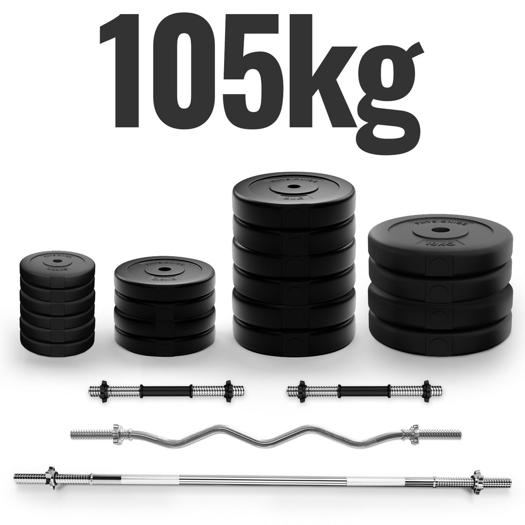 Håndvægtesæt, 105 kg sæt, vægtstang (165cm, 30mm, stjernelåse), 2 håndvægte (45cm, justerbar), med SZ curl bar