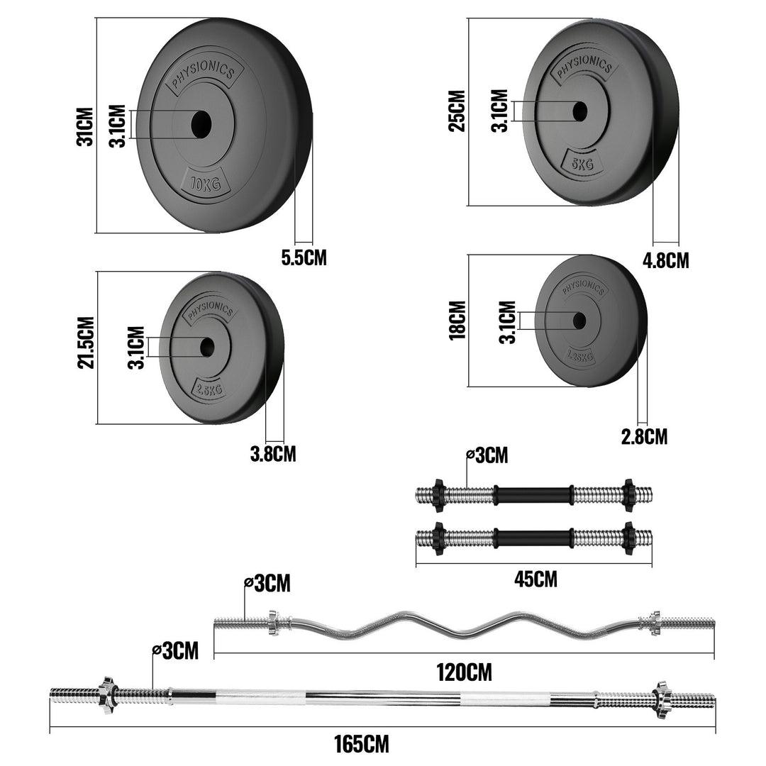 Håndvægtesæt, 105 kg sæt, vægtstang (165cm, 30mm, stjernelåse), 2 håndvægte (45cm, justerbar), med SZ curl bar