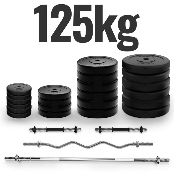 Physionics® håndvægtsæt - 125 kg sæt, vægtstang (165 cm, Ø30 mm, stjernebeslag), 2 håndvægte (45 cm, justerbar), med SZ curlstang