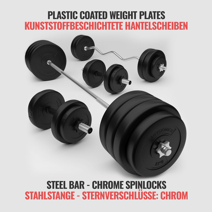 Physionics® håndvægtsæt - 125 kg sæt, vægtstang (165 cm, Ø30 mm, stjernebeslag), 2 håndvægte (45 cm, justerbar), med SZ curlstang