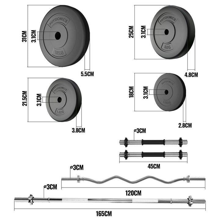 Physionics® håndvægtsæt - 125 kg sæt, vægtstang (165 cm, Ø30 mm, stjernebeslag), 2 håndvægte (45 cm, justerbar), med SZ curlstang