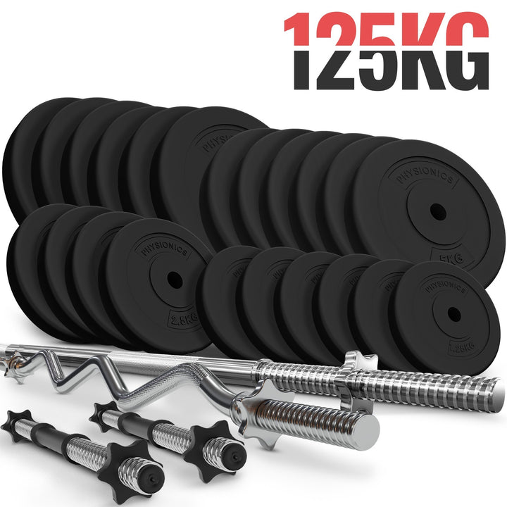 Physionics® håndvægtsæt - 125 kg sæt, vægtstang (165 cm, Ø30 mm, stjernebeslag), 2 håndvægte (45 cm, justerbar), med SZ curlstang