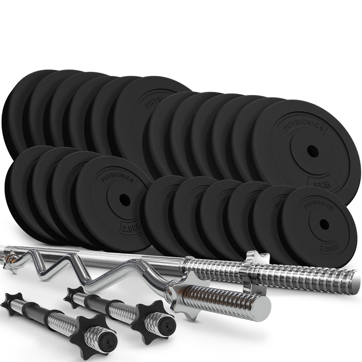 Physionics® håndvægtsæt - 125 kg sæt, vægtstang (165 cm, Ø30 mm, stjernebeslag), 2 håndvægte (45 cm, justerbar), med SZ curlstang