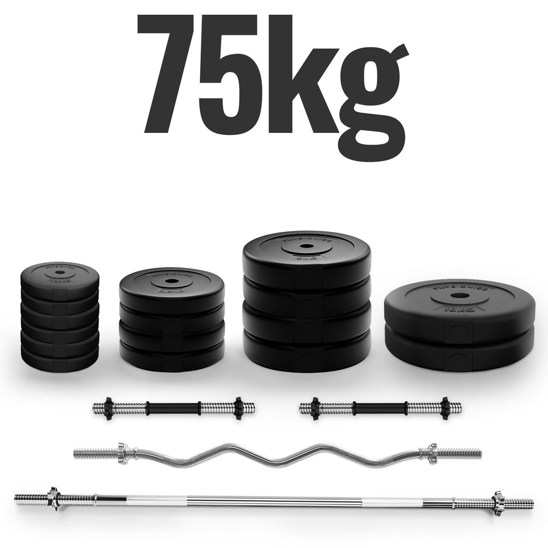 Physionics® håndvægtsæt - 75 kg sæt, vægtstang (165 cm, Ø 30 mm, stjernebeslag), 2 håndvægte (45 cm, justerbar), med SZ curl bar