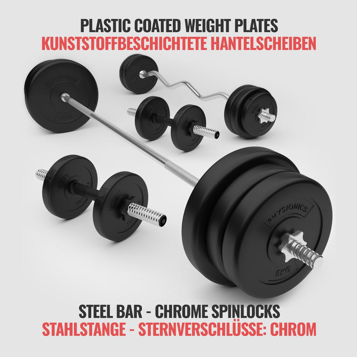 Physionics® håndvægtsæt - 75 kg sæt, vægtstang (165 cm, Ø 30 mm, stjernebeslag), 2 håndvægte (45 cm, justerbar), med SZ curl bar