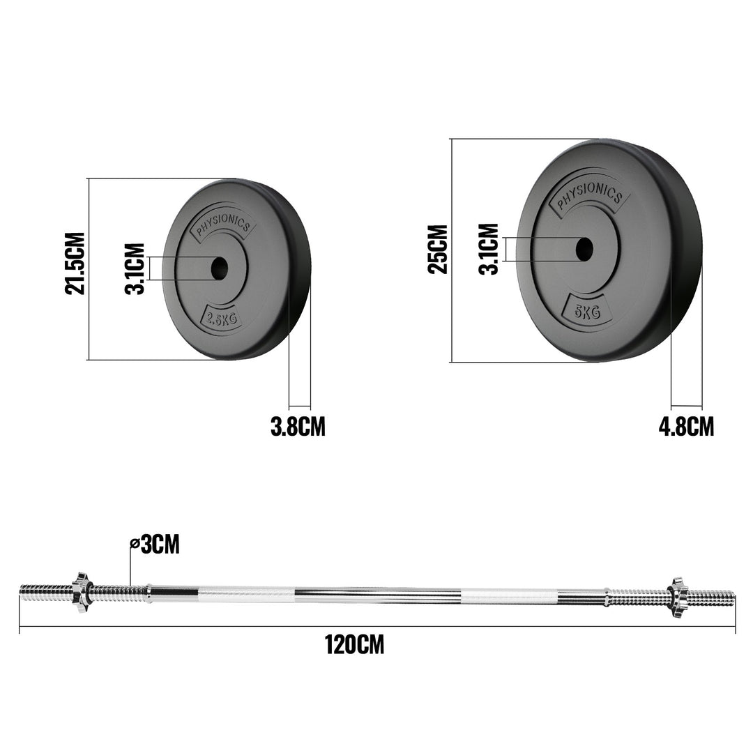 Vægtstangssæt - 20 kg, vægtstang (120 cm, Ø 30 mm, stjernelåse, op til 500 kg), vægtskiver (31 mm, plast)