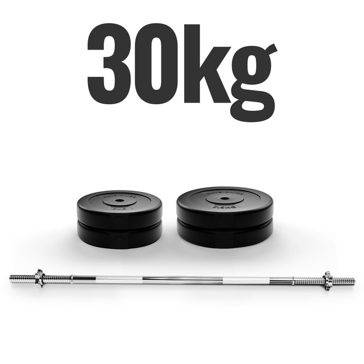 Vægtstangssæt - 30 kg, vægtstang (120 cm, Ø 30 mm, stjernelåse, op til 500 kg), vægtskiver (31 mm, plast)