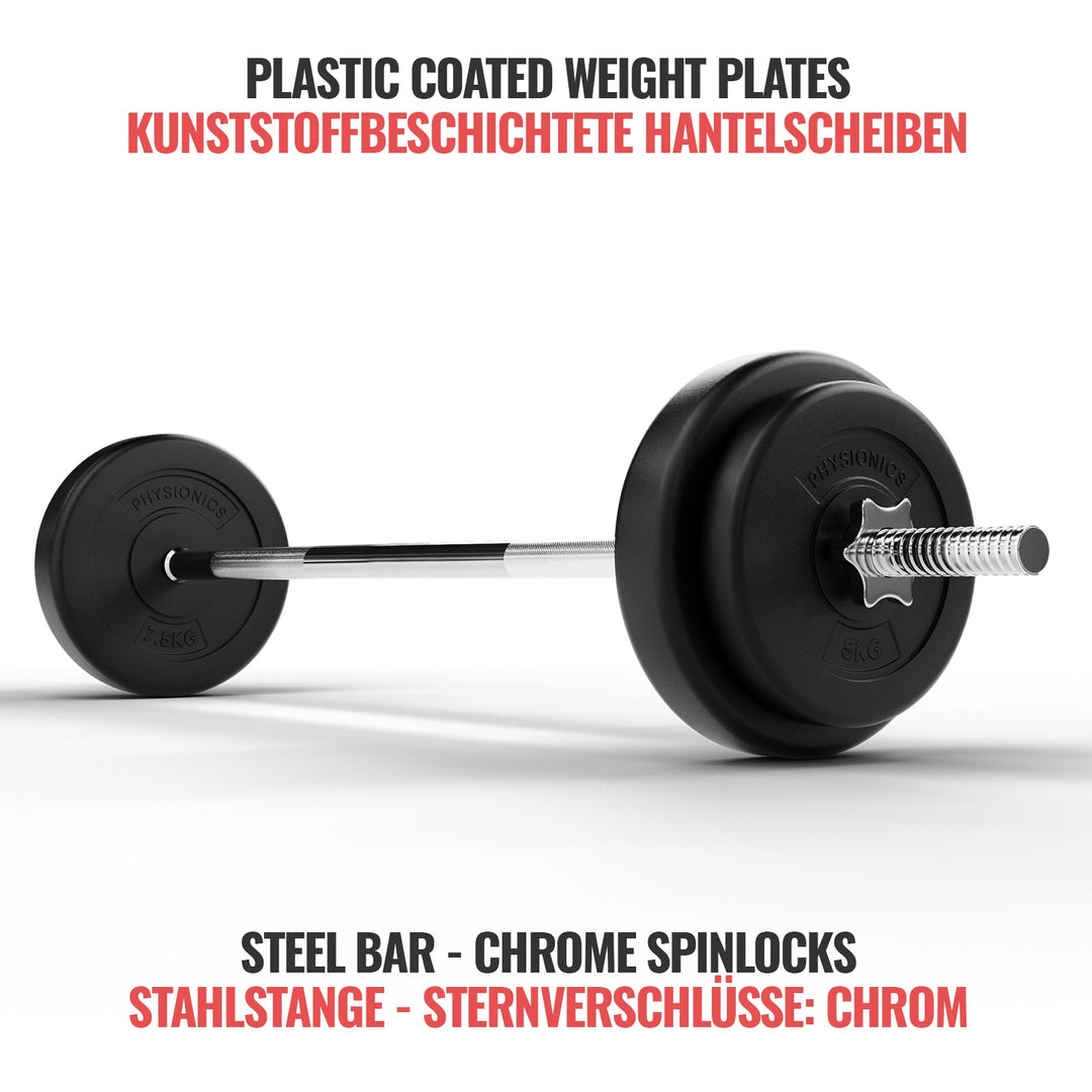 Vægtstangssæt - 30 kg, vægtstang (120 cm, Ø 30 mm, stjernelåse, op til 500 kg), vægtskiver (31 mm, plast)