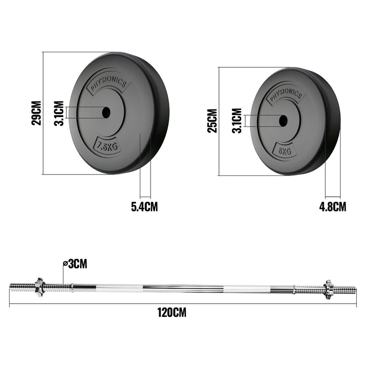 Vægtstangssæt - 30 kg, vægtstang (120 cm, Ø 30 mm, stjernelåse, op til 500 kg), vægtskiver (31 mm, plast)