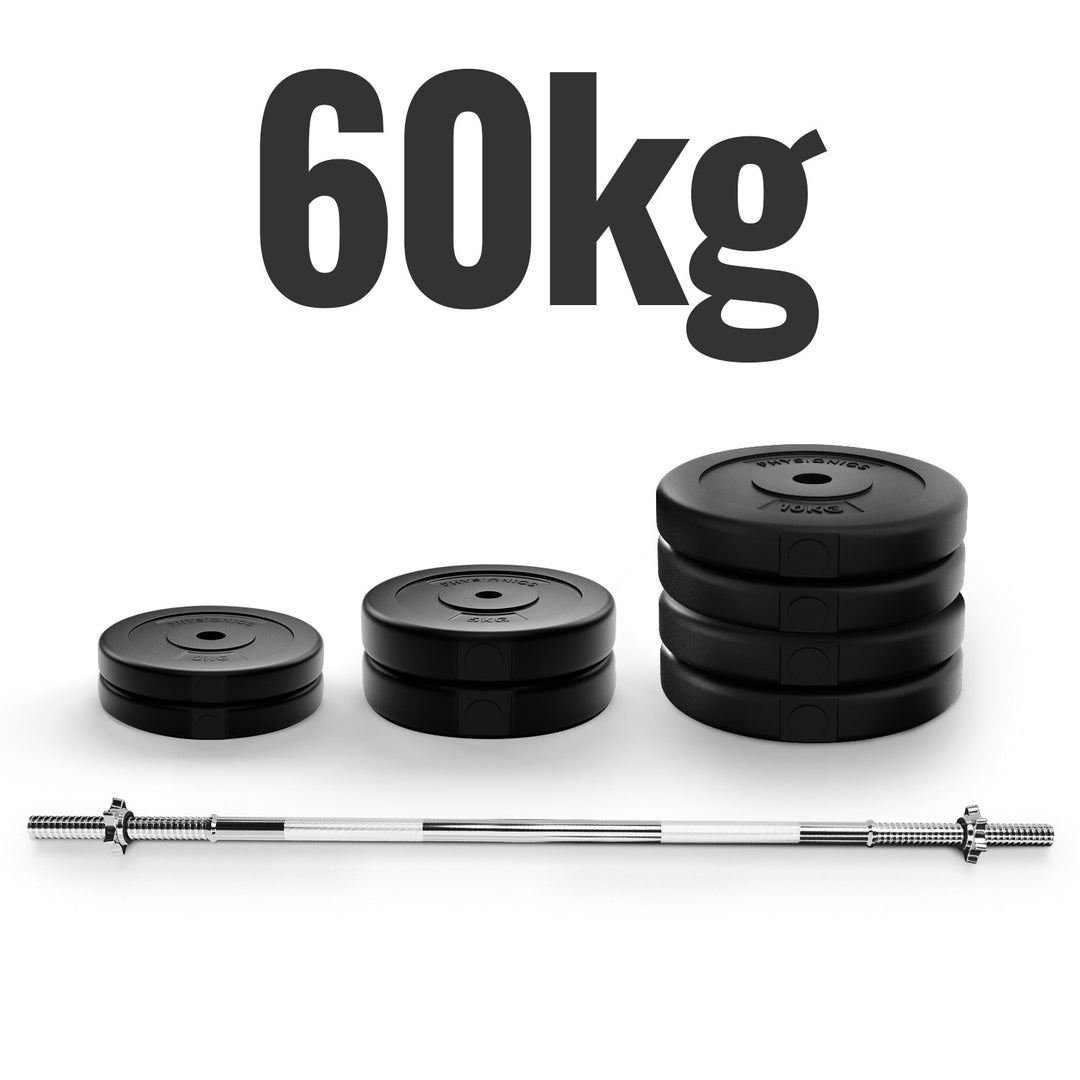 Vægtstangssæt - 60 kg, vægtstang (165 cm, 30 mm, stjernelåse, op til 500 kg), vægtskiver (31 mm, plast)