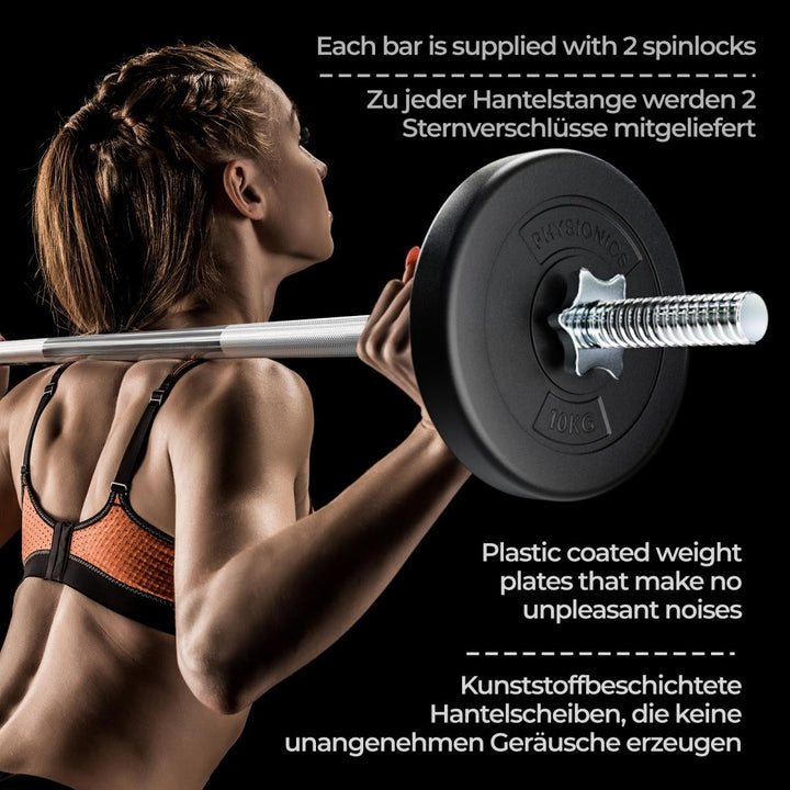 Vægtstangssæt - 30 kg, vægtstang (120 cm, Ø 30 mm, stjernelåse, op til 500 kg), vægtskiver (31 mm, plast)