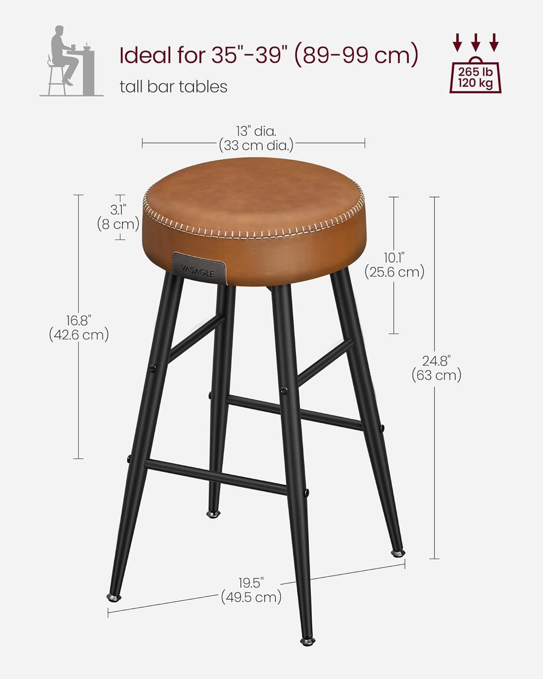 Sæt med 2 trendy barstole, imiteret læder, 63 cm høje, karamelbrun