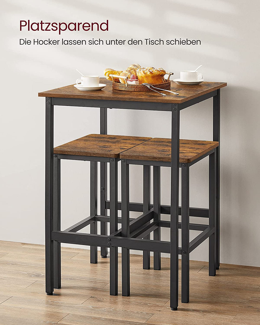 Barbordssæt: Bord 60x60x90 cm & 2 stole 30x40x65 cm, vintage brun/sort, industrielt design