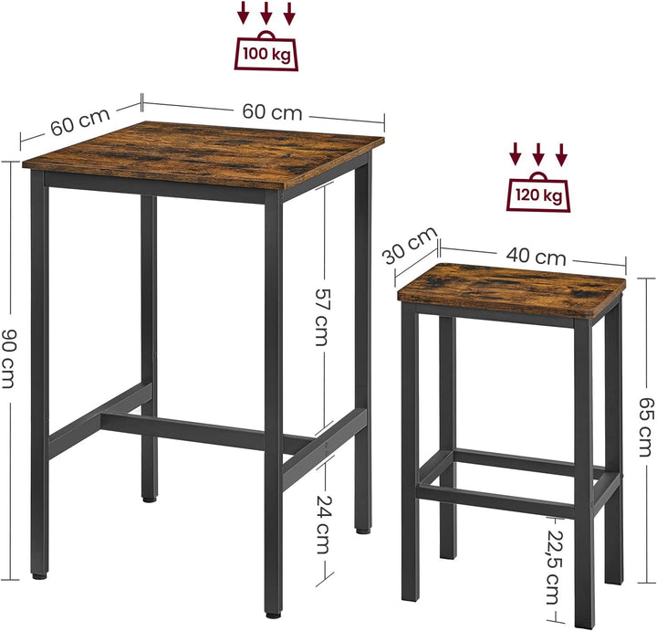 Barbordssæt: Bord 60x60x90 cm & 2 stole 30x40x65 cm, vintage brun/sort, industrielt design