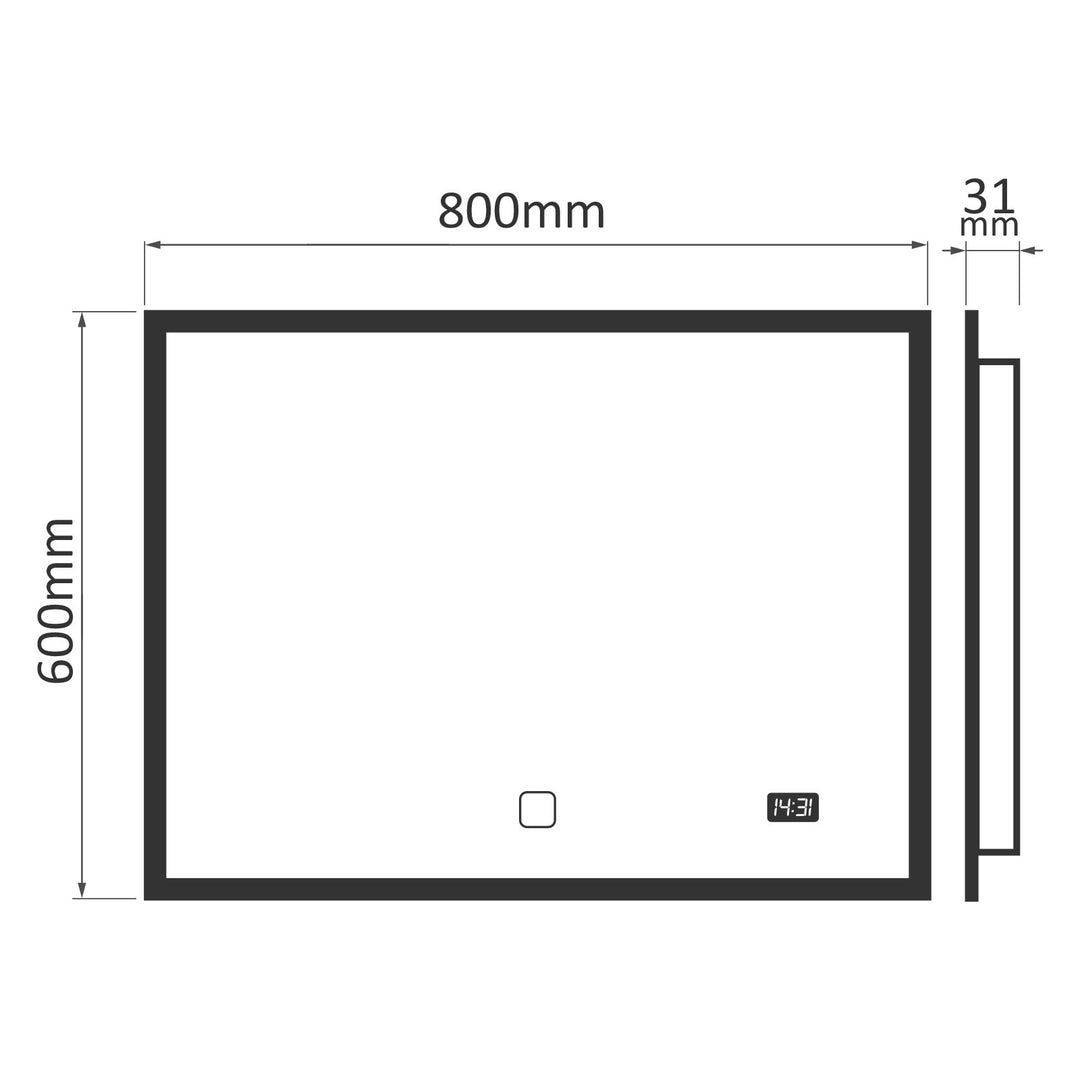 Aquamarin® badeværelsesspejl med LED-belysning - 80x60cm, EKK A++, berøringsafbryder, dæmpbar 3-i-1 kold hvid neutral varm hvid justerbar, digitalt ur
