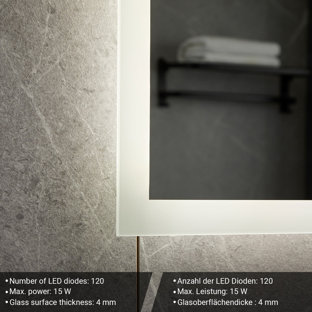 Aquamarin® badeværelsesspejl med LED-belysning - 80x60cm, EKK A++, berøringsafbryder, dæmpbar 3-i-1 kold hvid neutral varm hvid justerbar, digitalt ur