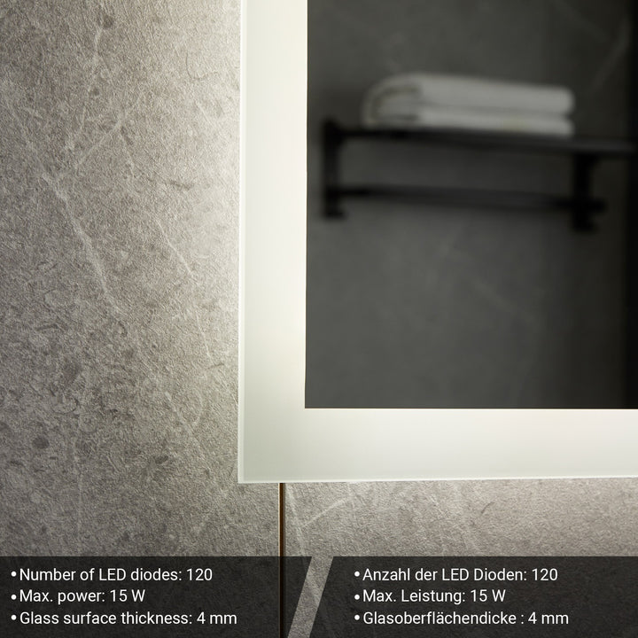 Aquamarin® badeværelsesspejl med LED-belysning - 80x60cm, EKK A++, berøringsafbryder, dæmpbar 3-i-1 kold hvid neutral varm hvid justerbar, digitalt ur