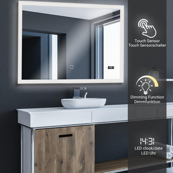 Aquamarin® badeværelsesspejl med LED-belysning - 80x60cm, EKK A++, berøringsafbryder, dæmpbar 3-i-1 kold hvid neutral varm hvid justerbar, digitalt ur