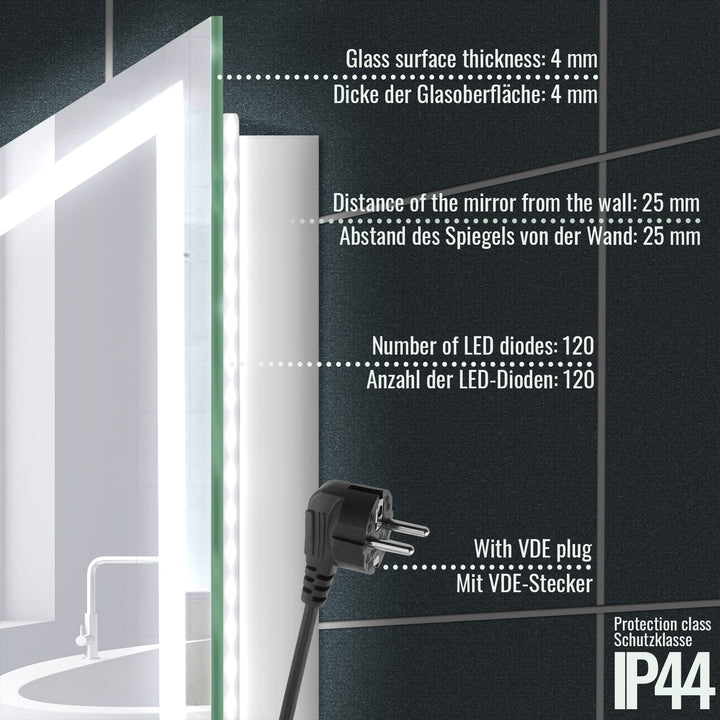 Aquamarin® LED Badeværelsesspejl - 100x80 cm, Dugfrit, Dæmpbart, Energibesparende med Hukommelsesfunktion (EEK A++)