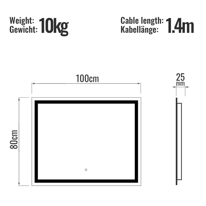 Aquamarin® LED Badeværelsesspejl - 100x80 cm, Dugfrit, Dæmpbart, Energibesparende med Hukommelsesfunktion (EEK A++)