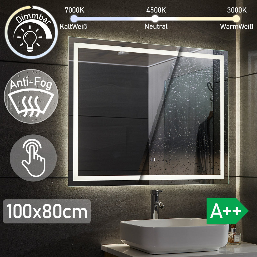 Aquamarin® LED Badeværelsesspejl - 100x80 cm, Dugfrit, Dæmpbart, Energibesparende med Hukommelsesfunktion (EEK A++)