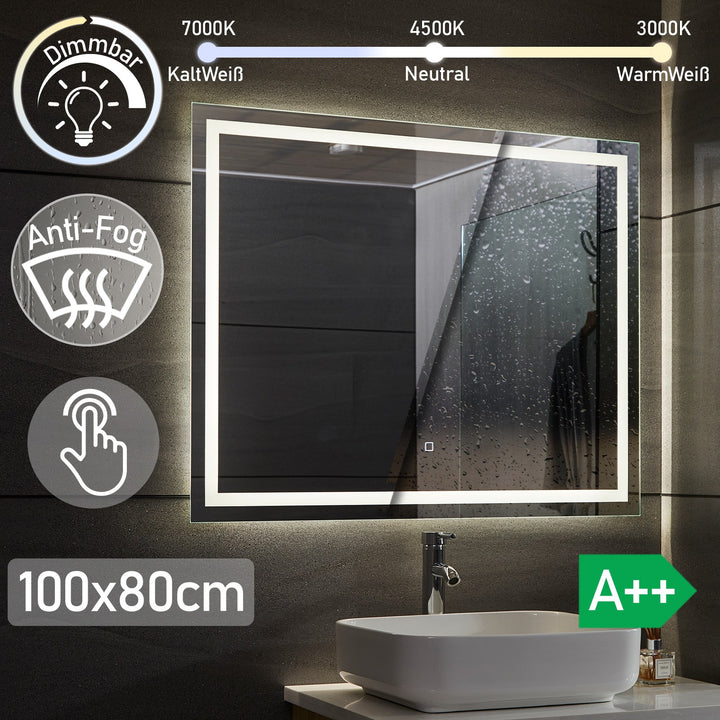 Aquamarin® LED Badeværelsesspejl - 100x80 cm, Dugfrit, Dæmpbart, Energibesparende med Hukommelsesfunktion (EEK A++)