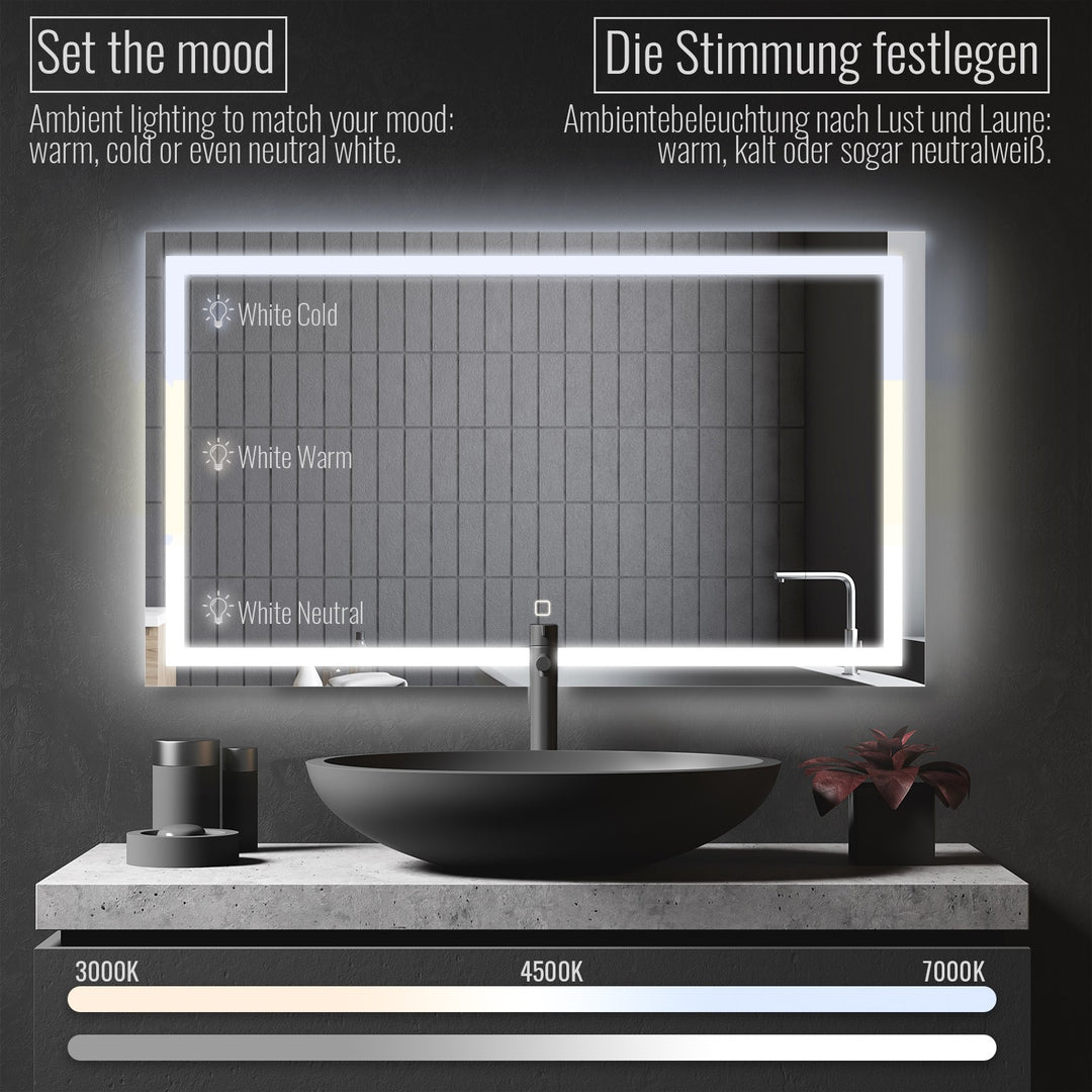 Aquamarine® LED badeværelsesspejl, 120 x 70 cm, dugfrit, dæmpbart, makeupspejl