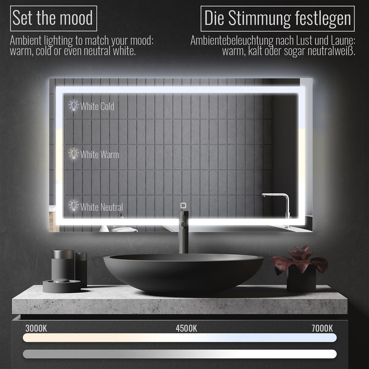 Aquamarine® LED badeværelsesspejl, 120 x 70 cm, dugfrit, dæmpbart, makeupspejl