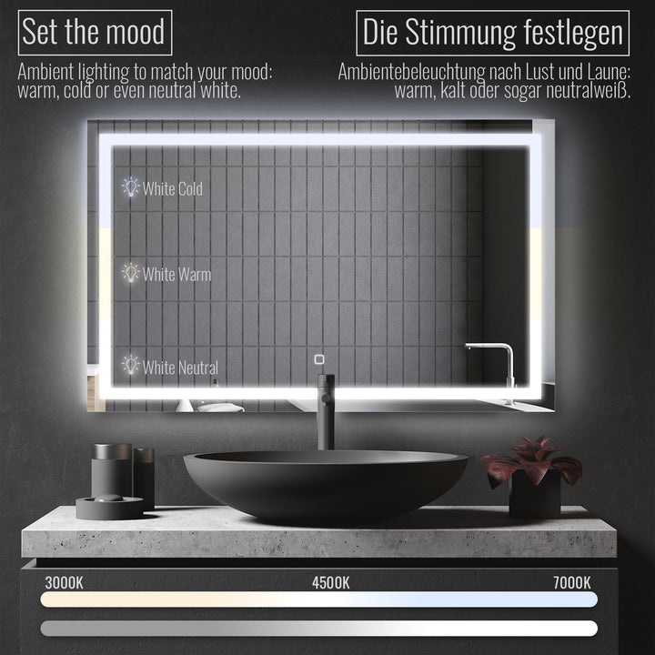 Aquamarine® LED badeværelsesspejl - 120 x 80 cm, dugfrit, dæmpbart med touch funktion