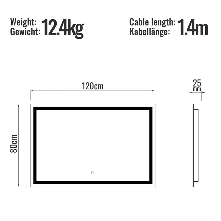 Aquamarine® LED badeværelsesspejl - 120 x 80 cm, dugfrit, dæmpbart med touch funktion