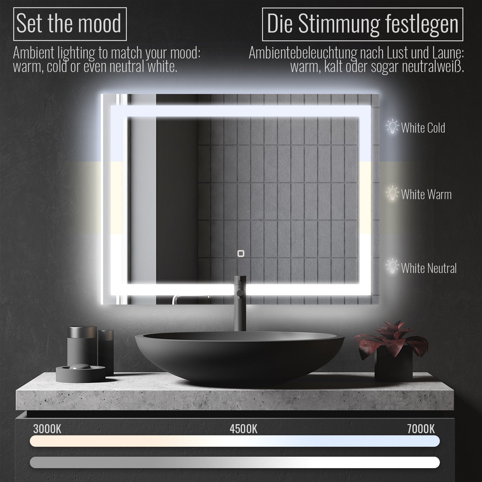 Aquamarine® LED badeværelsesspejl, 90 x 60 cm, dugfrit, dæmpbart, makeupspejl med led touch funktion